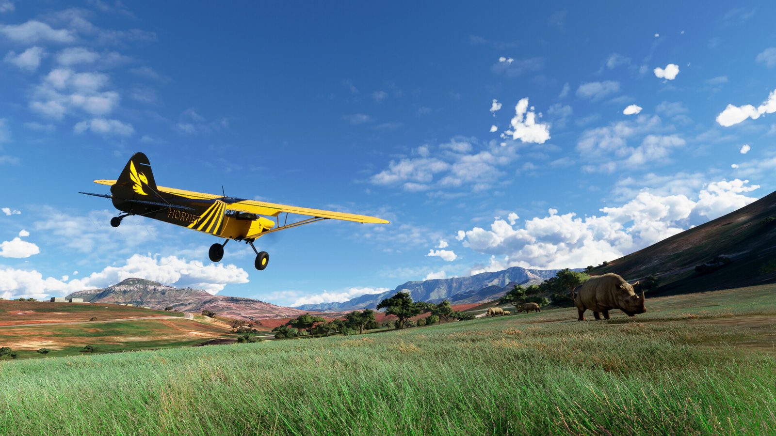 In the sim: a bush plane landing on a grass strip