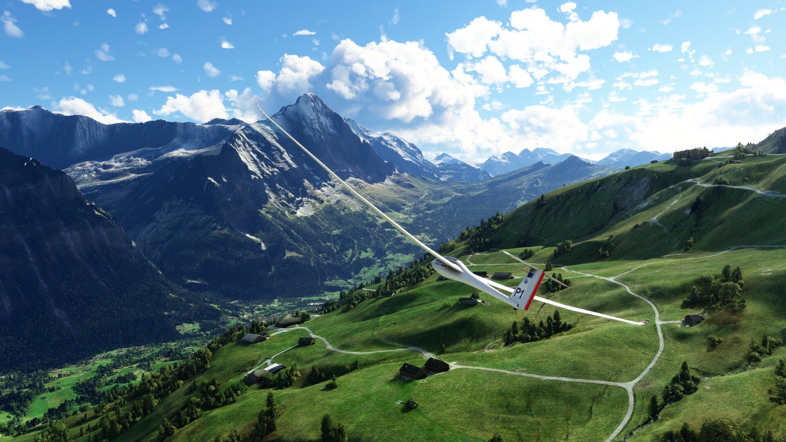 In the sim: a glider over green mountains