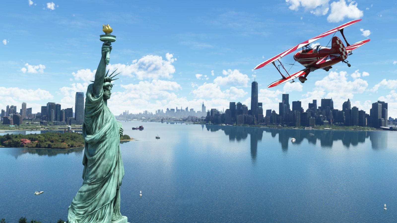 In the sim: a biplane past the Statue of Liberty