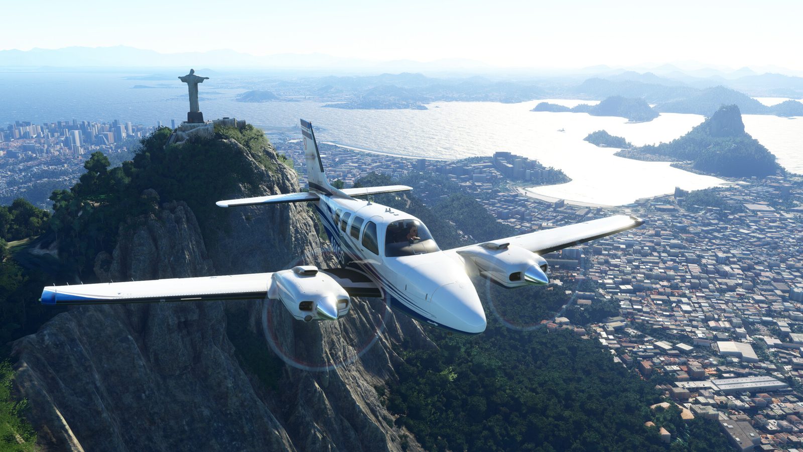 In the sim: a King Air flying past Christ the Redeemer over Rio